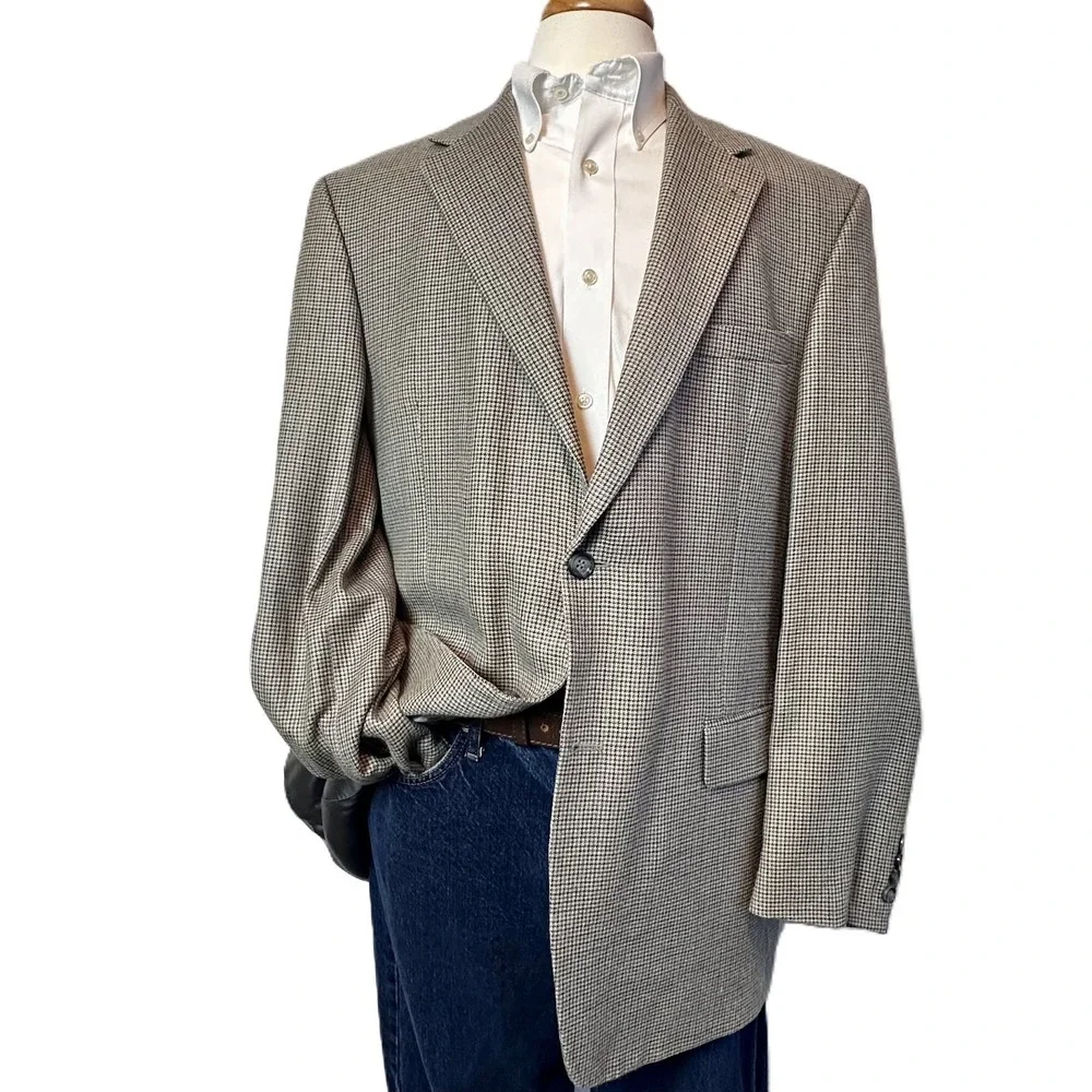 A Fezza Beige Houndstooth Tan Silk Wool 2-Button Blazer 44L Sport Coat Jacket‎